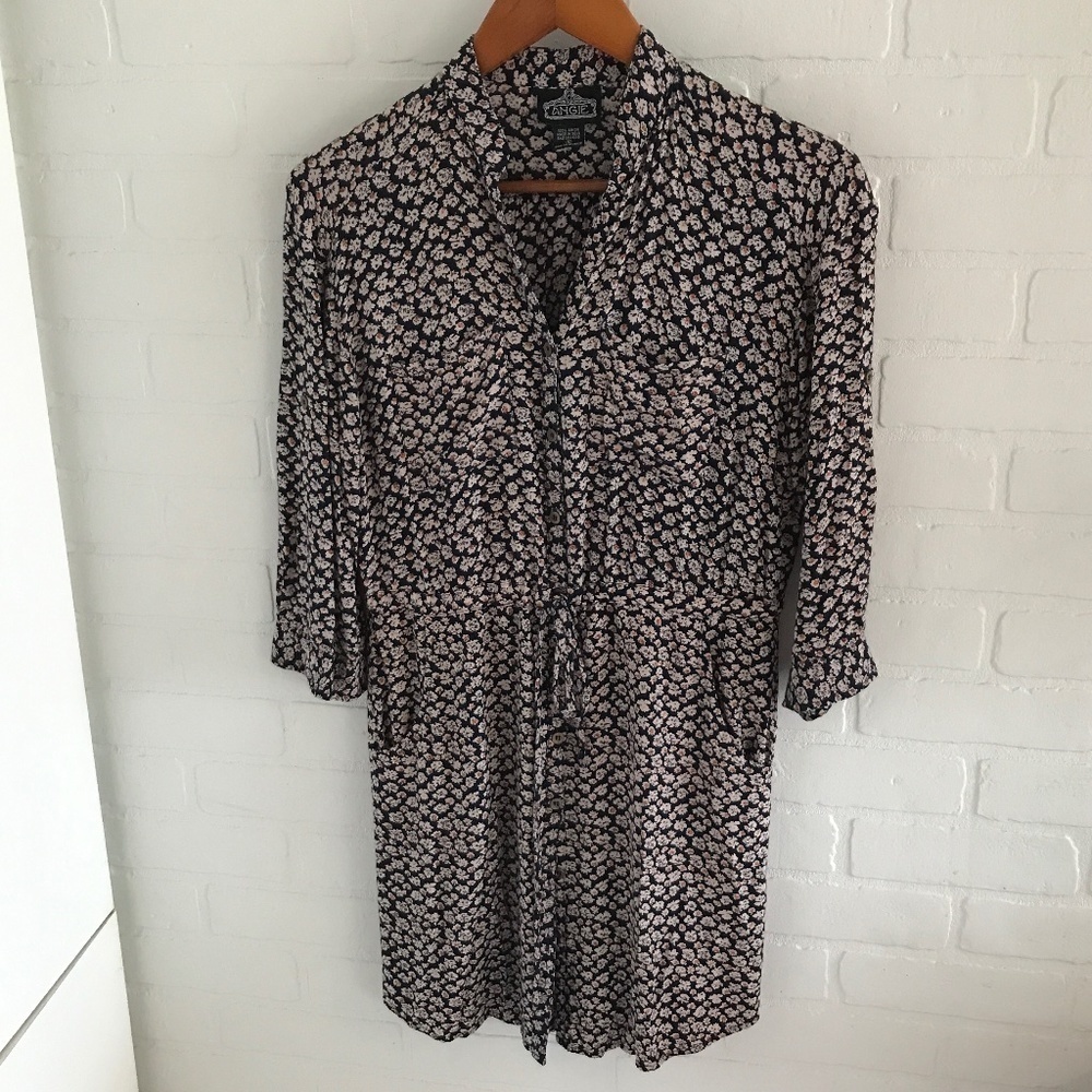 Vintage 90s Mini Shirtdress Coquette Dark Floral Print Roses Navy S POCKETS M